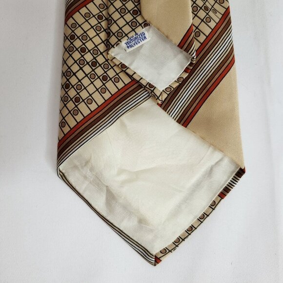 Striped Tie Necktie Geometric Checked Dots Circles Tan Brown Red Vintage 70s - Picture 4 of 5